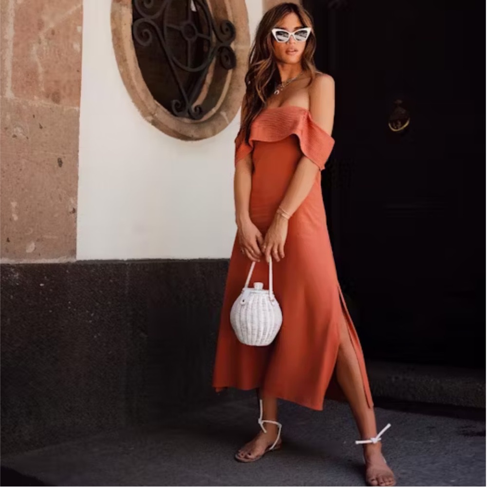 ANTHROPOLOGIE Sancia Mariana Off Shoulder Strapless Terracotta Midi Dress